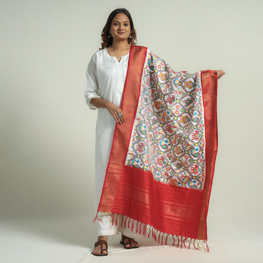 Multicolor - Handspun Handwoven Pochampally Ikat Silk Dupatta with Zari Border