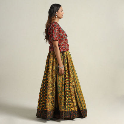 Yellow - Ajrakh Block Printed 24 Kali Patchwork Cotton Long Skirt 80
