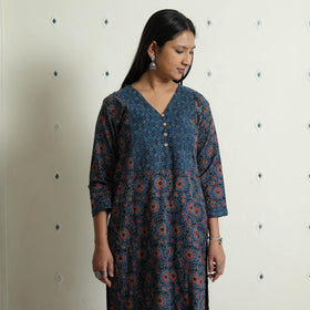 Blue - Ajrakh Block Printed Cotton Kurta with Palazzo & Dupatta Set