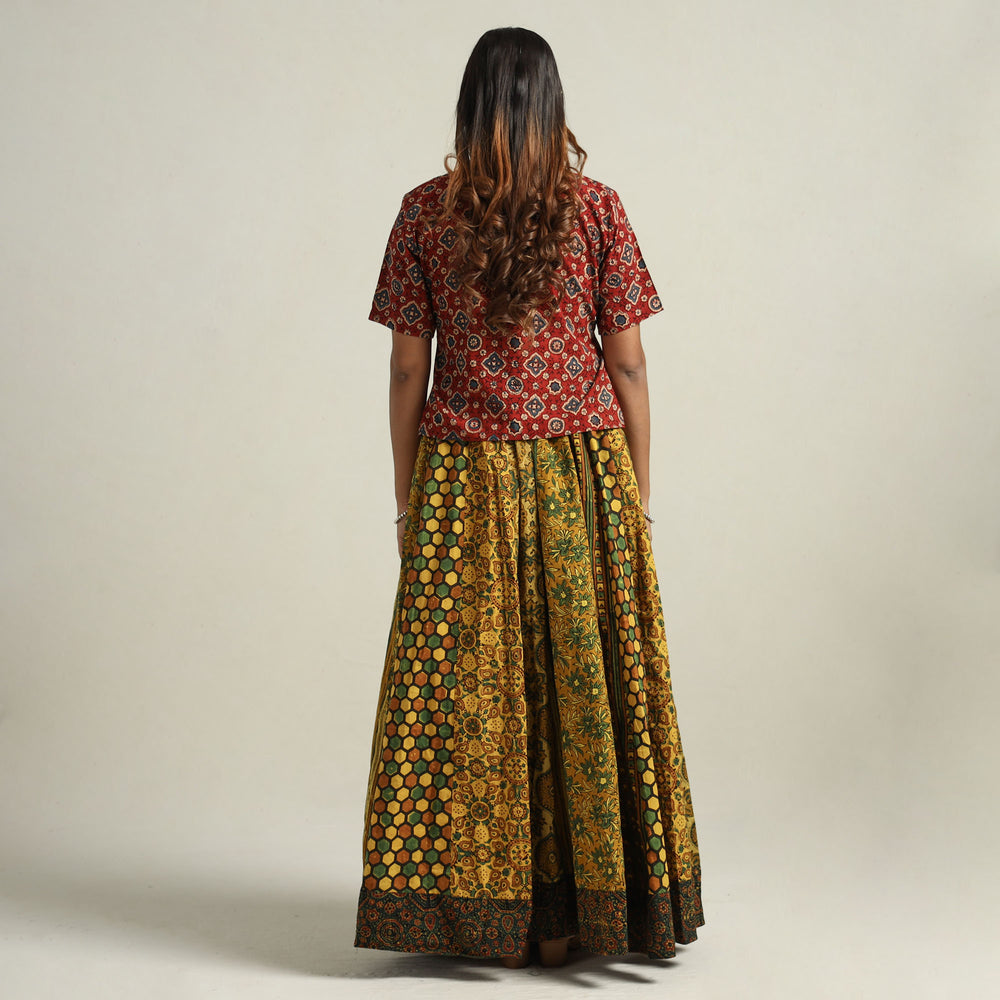 Yellow - Ajrakh Block Printed 24 Kali Patchwork Cotton Long Skirt 80