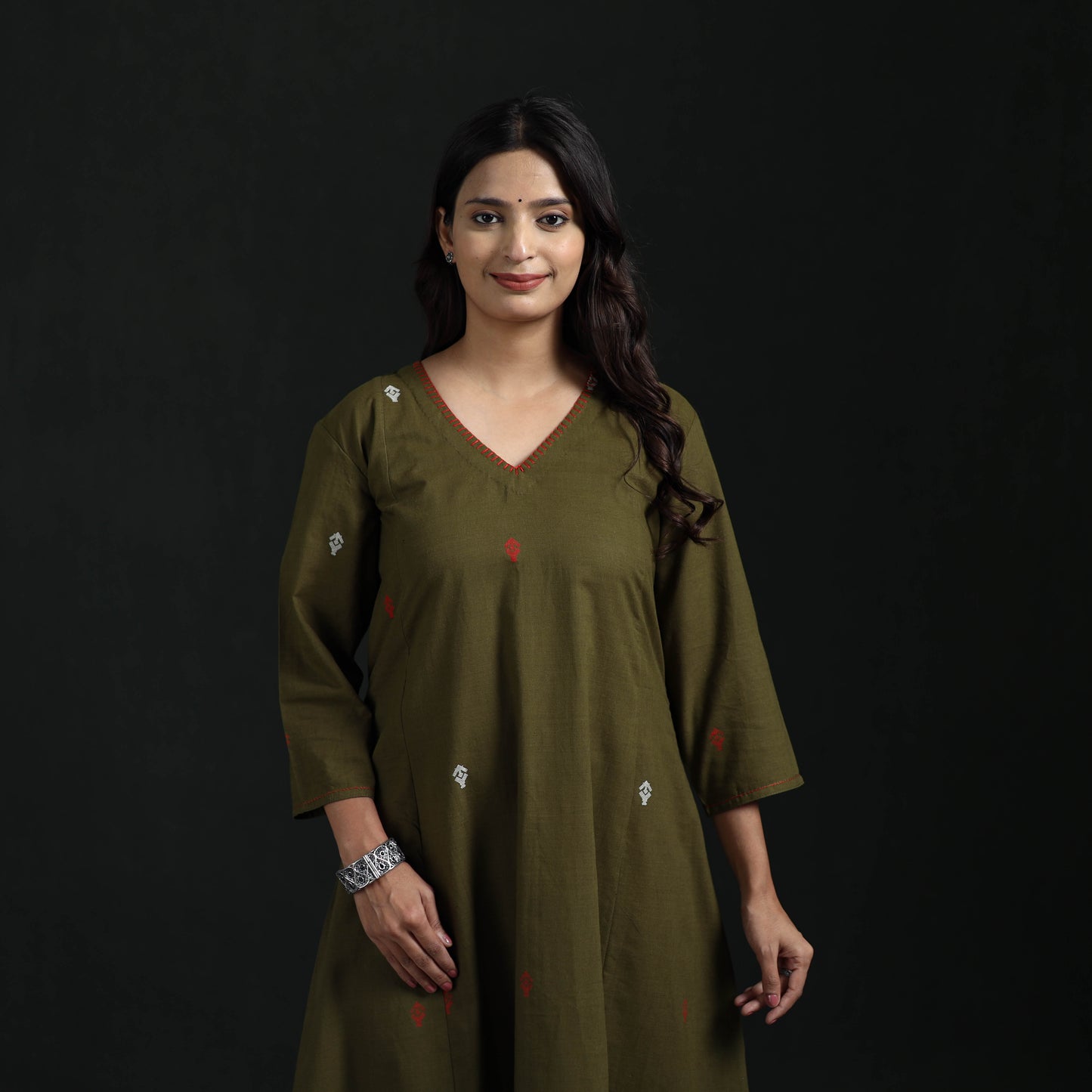 Hand Embroidered Jacquard Cotton A-Line Long Kurta for Women 05