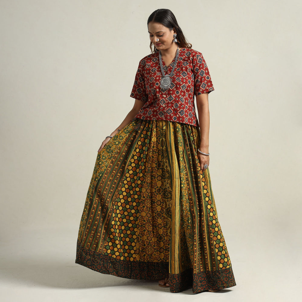 Yellow - Ajrakh Block Printed 24 Kali Patchwork Cotton Long Skirt 80