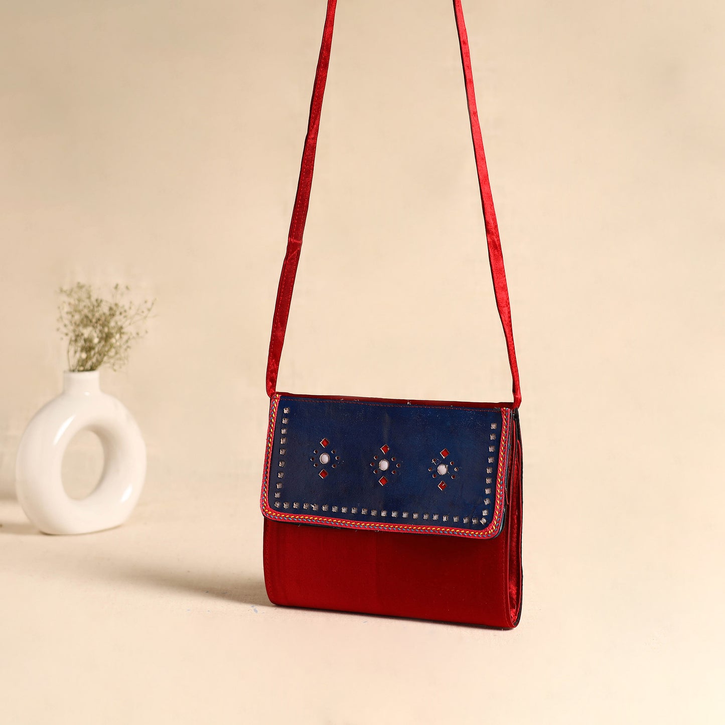 Traditional Kutch Mashru Silk Leather Flap Sling Bag 12