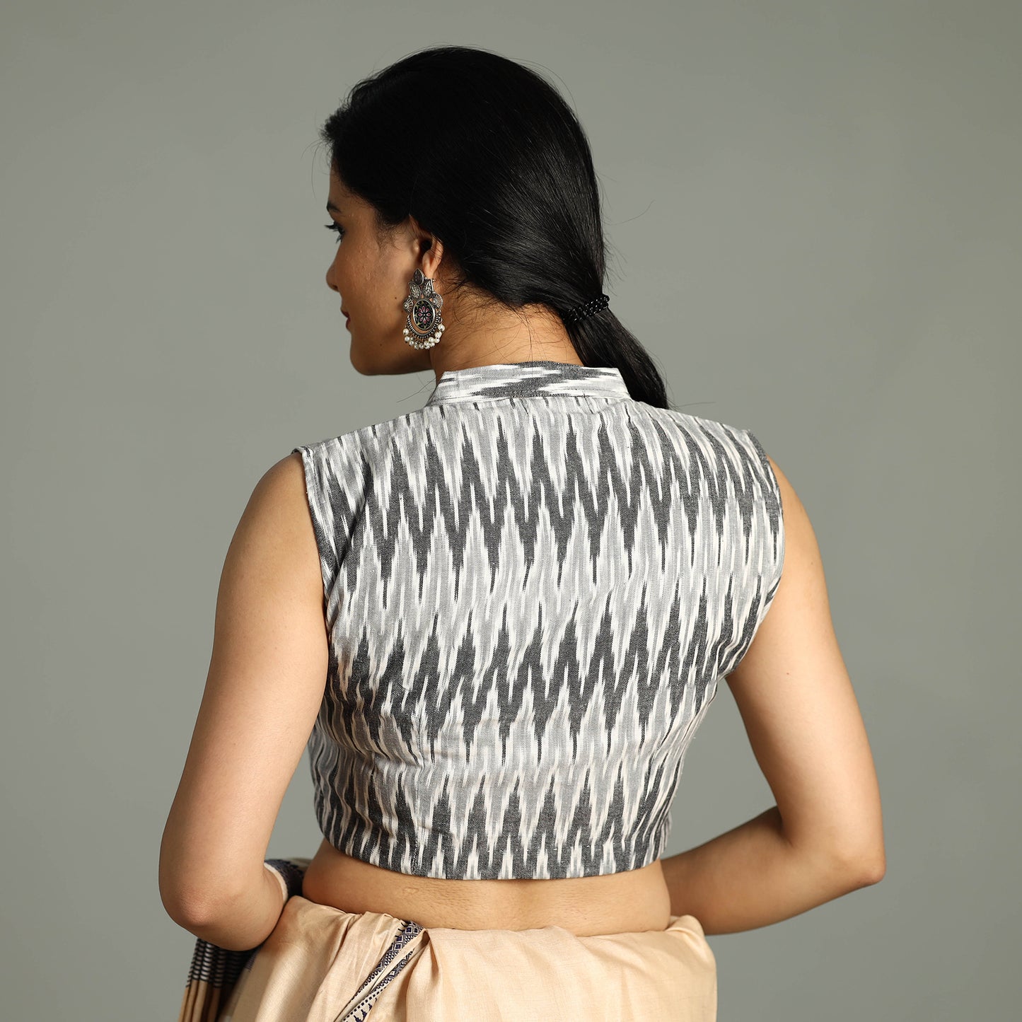 Grey - Pochampally Ikat Cotton Stitched Sleeveless Blouse