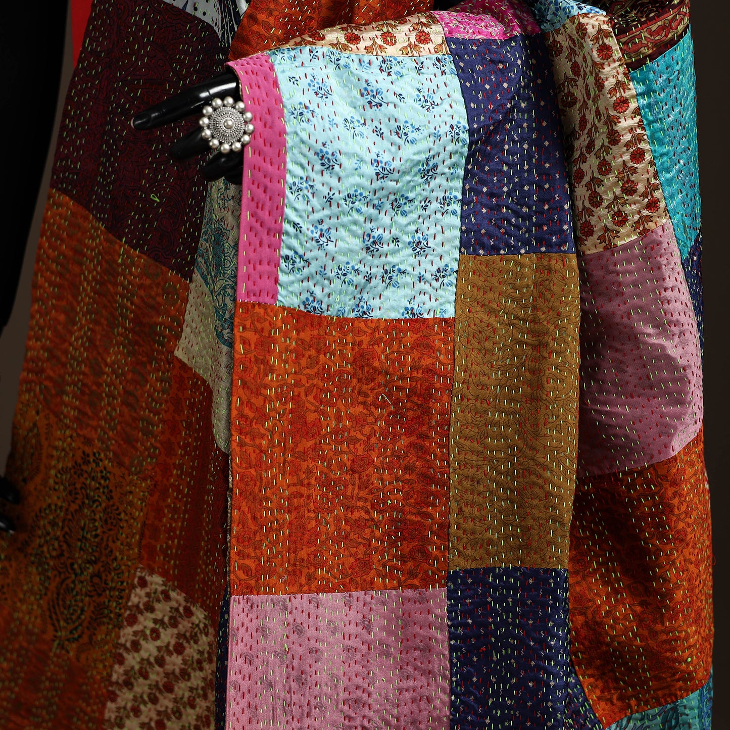 Bengal Hand Embroidery Patchwork Reversible Silk Kantha Dupatta 08