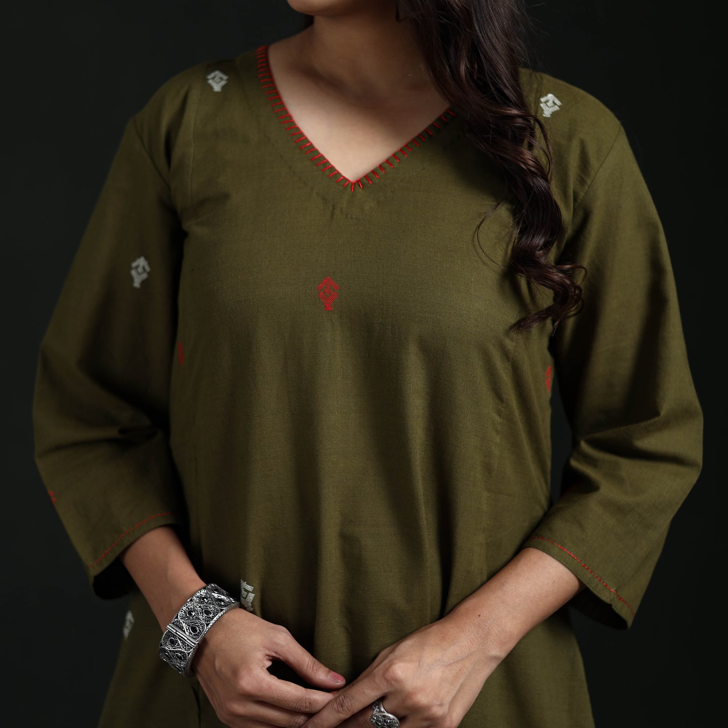 Hand Embroidered Jacquard Cotton A-Line Long Kurta for Women 05