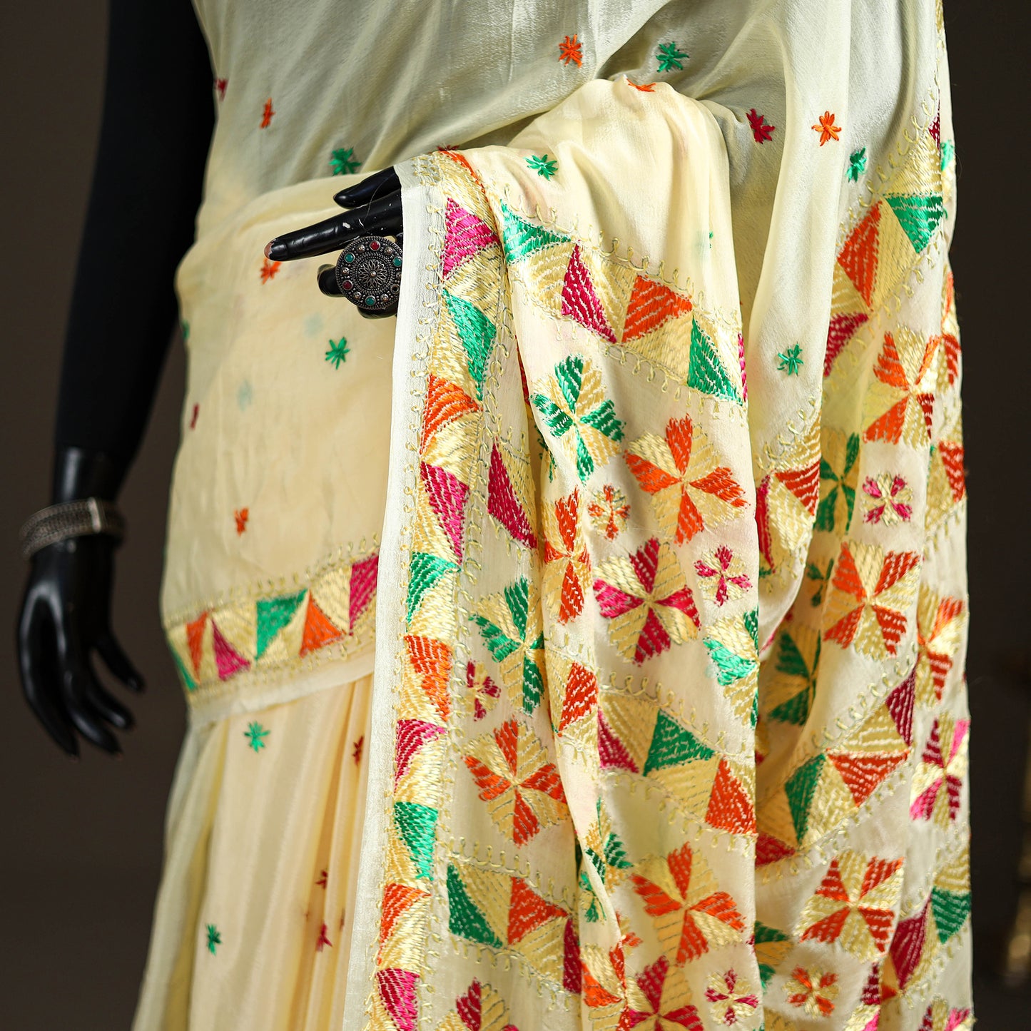 Chinon Silk Hand Embroidery Phulkari Saree 11
