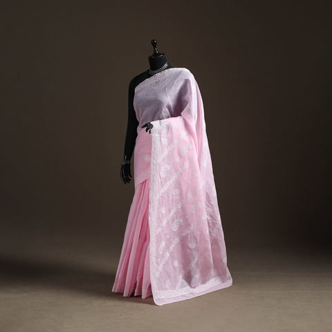Pink - Hand Embroidered Terivoile Cotton Lucknowi Chikankari Saree 03