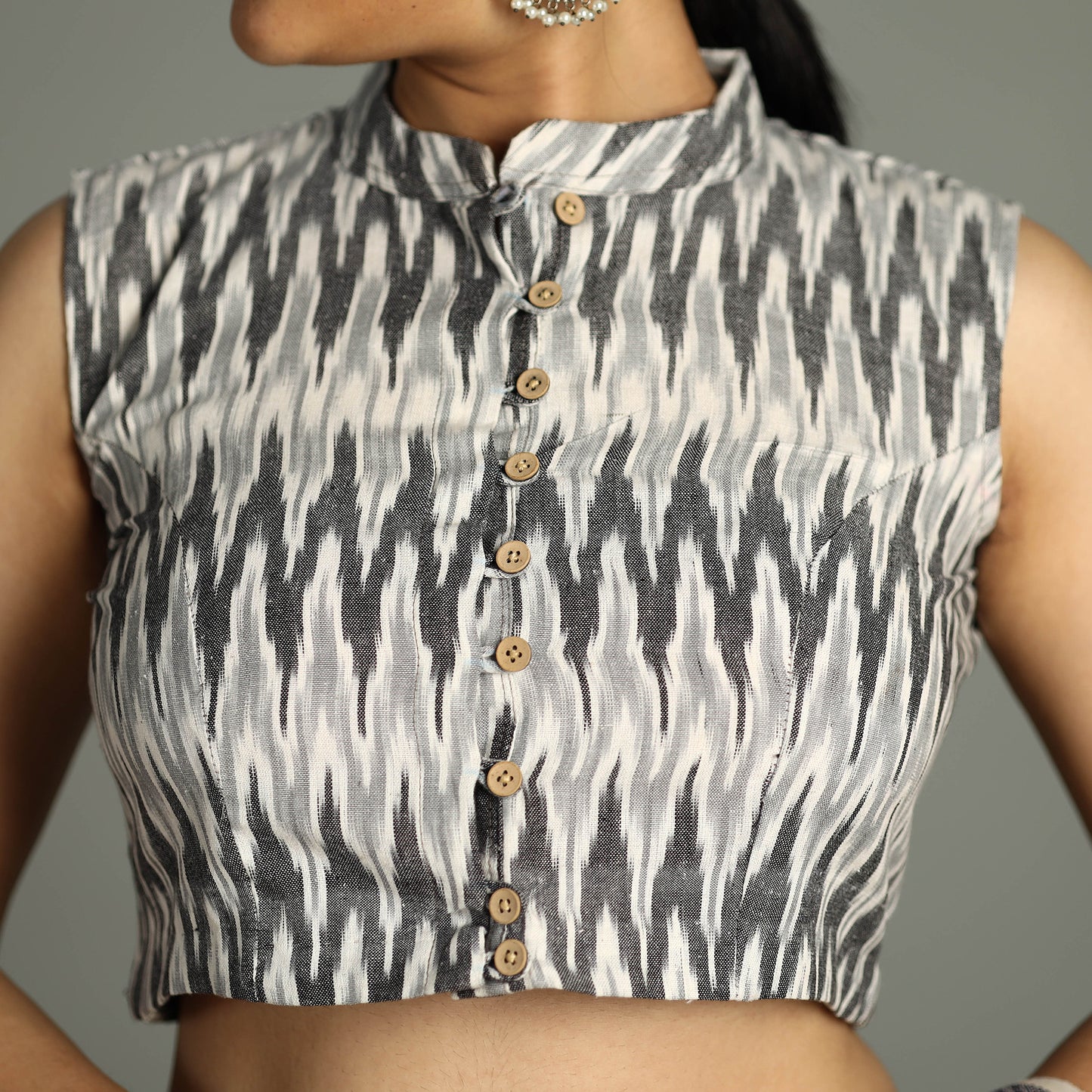 Grey - Pochampally Ikat Cotton Stitched Sleeveless Blouse