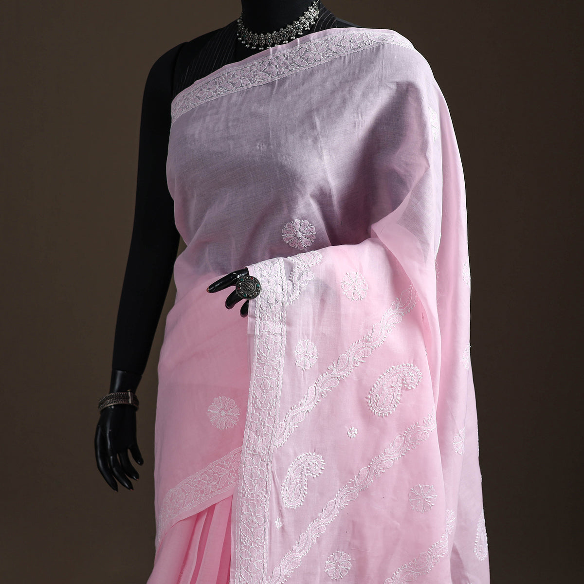 Hand Embroidered Terivoile Cotton Lucknowi Chikankari Saree 03