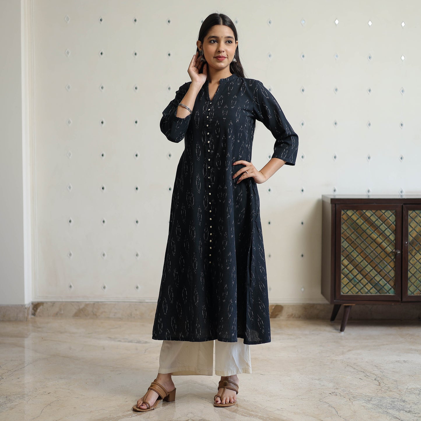 Black - Pochampally Ikat Weave Cotton A-Line Long Kurta 30