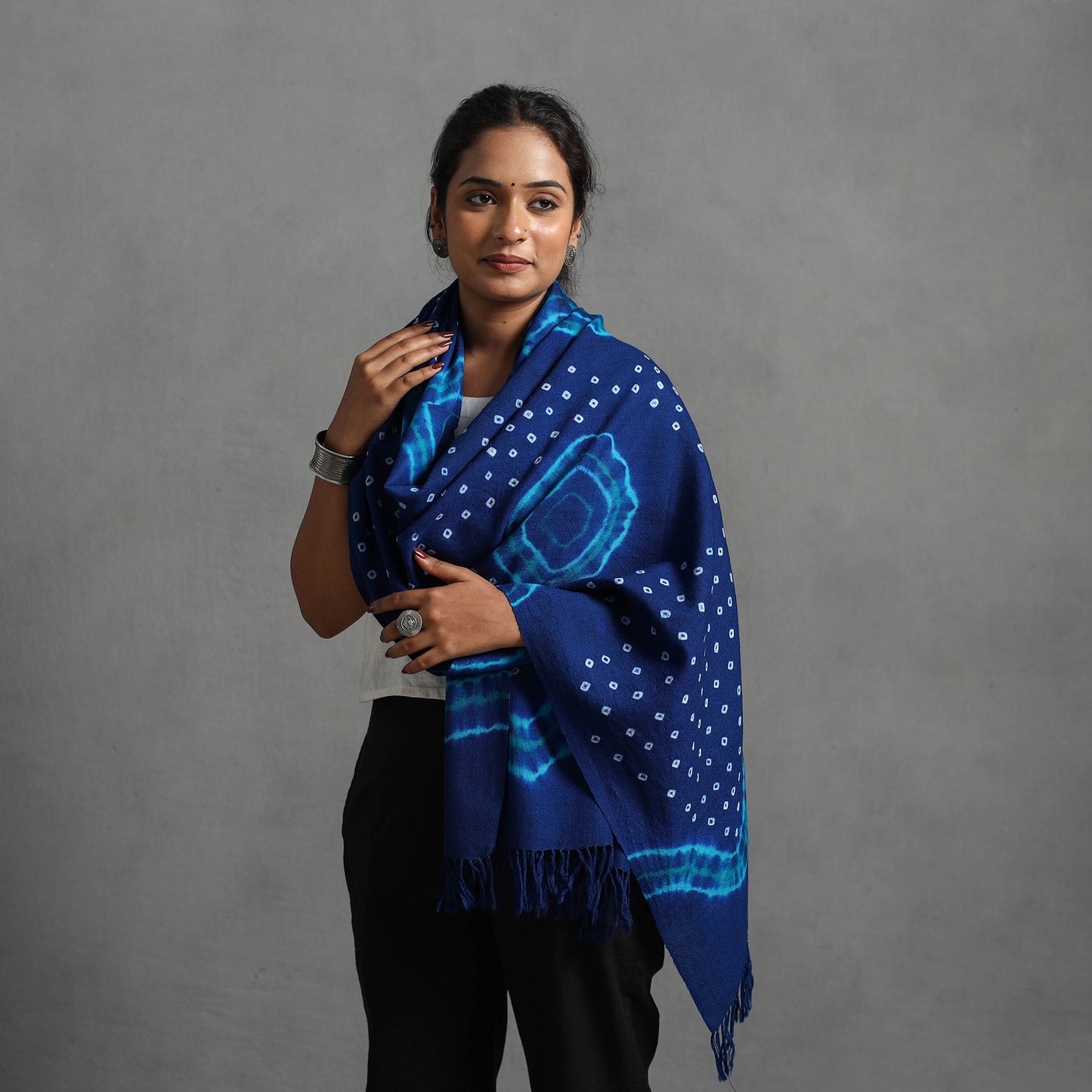 Blue - Kutch Handwoven Bandhani & Shibori Woolen Stole 38