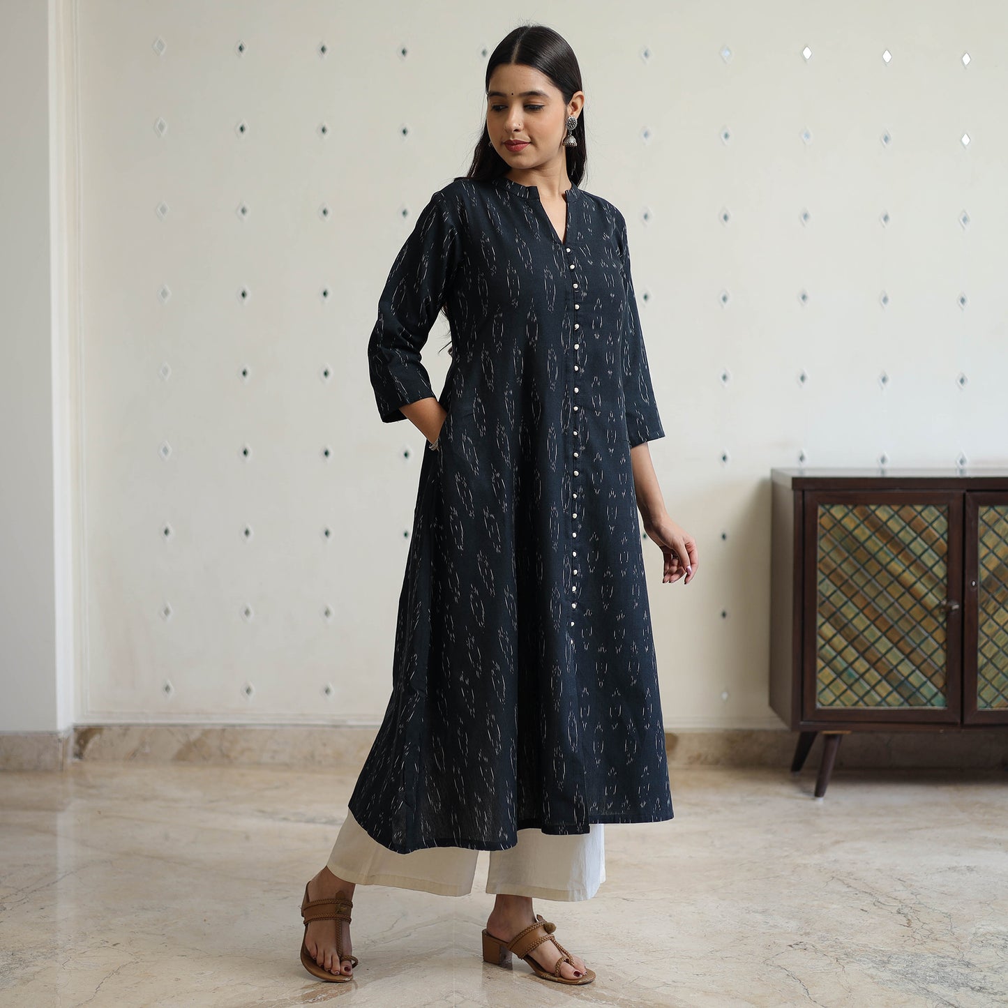 Black - Pochampally Ikat Weave Cotton A-Line Long Kurta 30