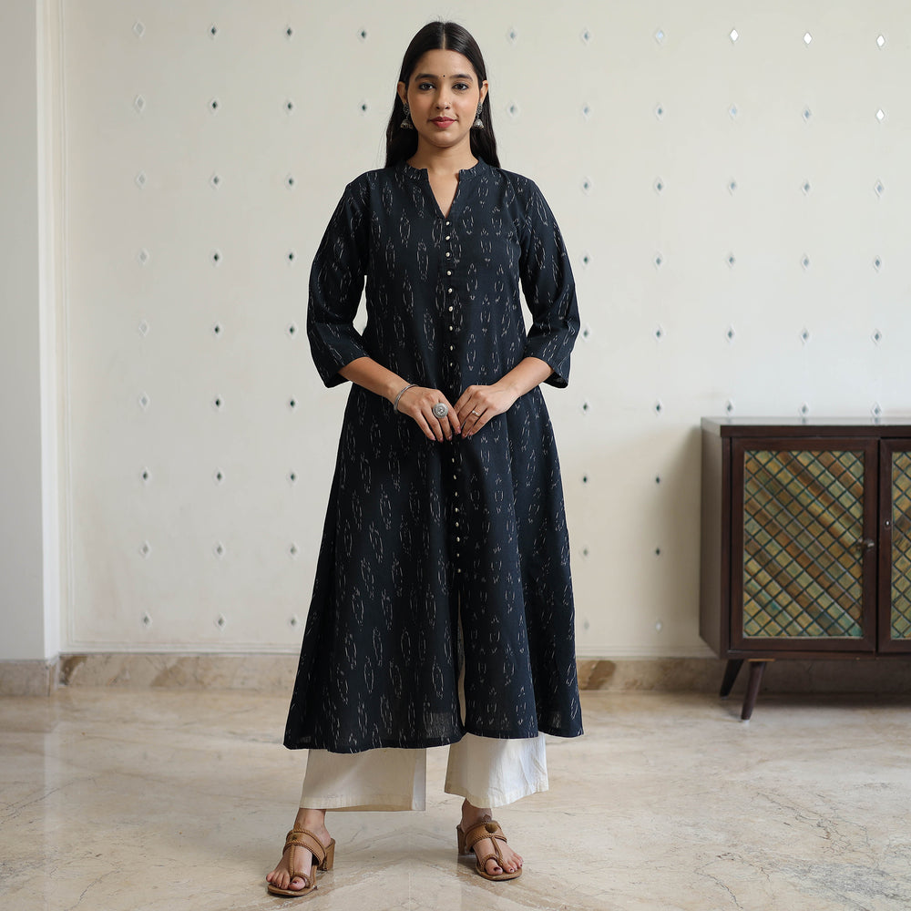 Black - Pochampally Ikat Weave Cotton A-Line Long Kurta 30