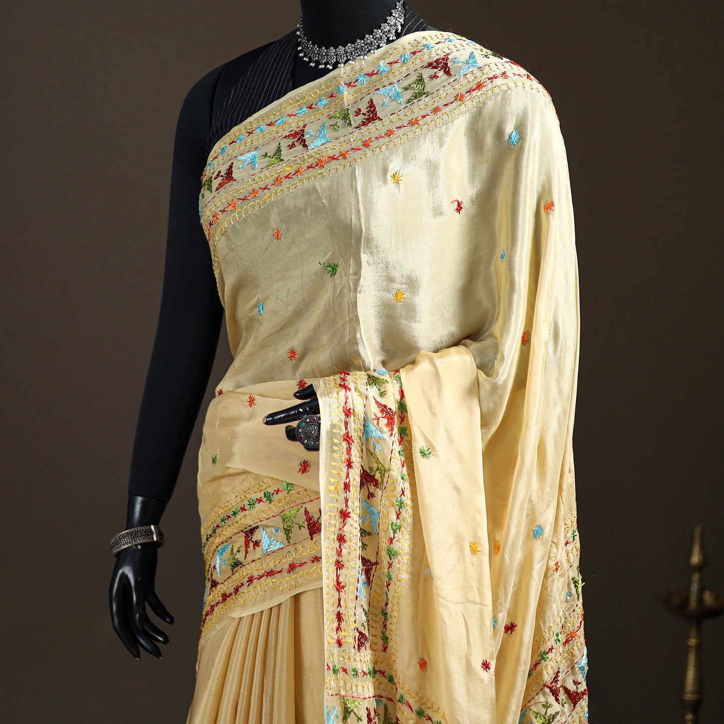 Chinon Silk Hand Embroidery Phulkari Saree 02