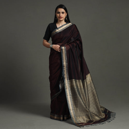 Brown - Traditional Maheshwari Silk Handloom Saree with Thread Border