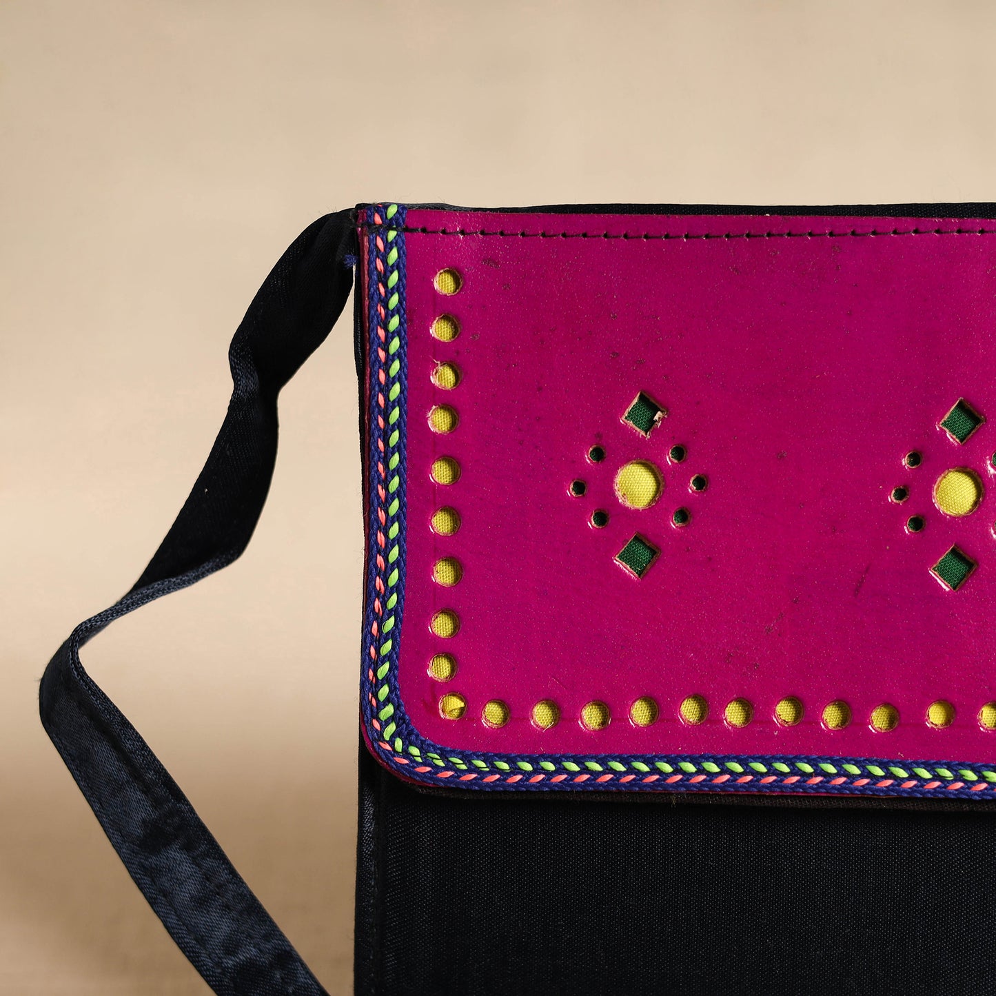 Traditional Kutch Mashru Silk Leather Flap Sling Bag 14
