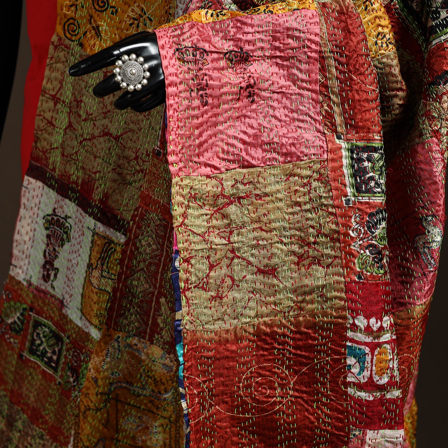 Bengal Hand Embroidery Patchwork Reversible Silk Kantha Dupatta 09