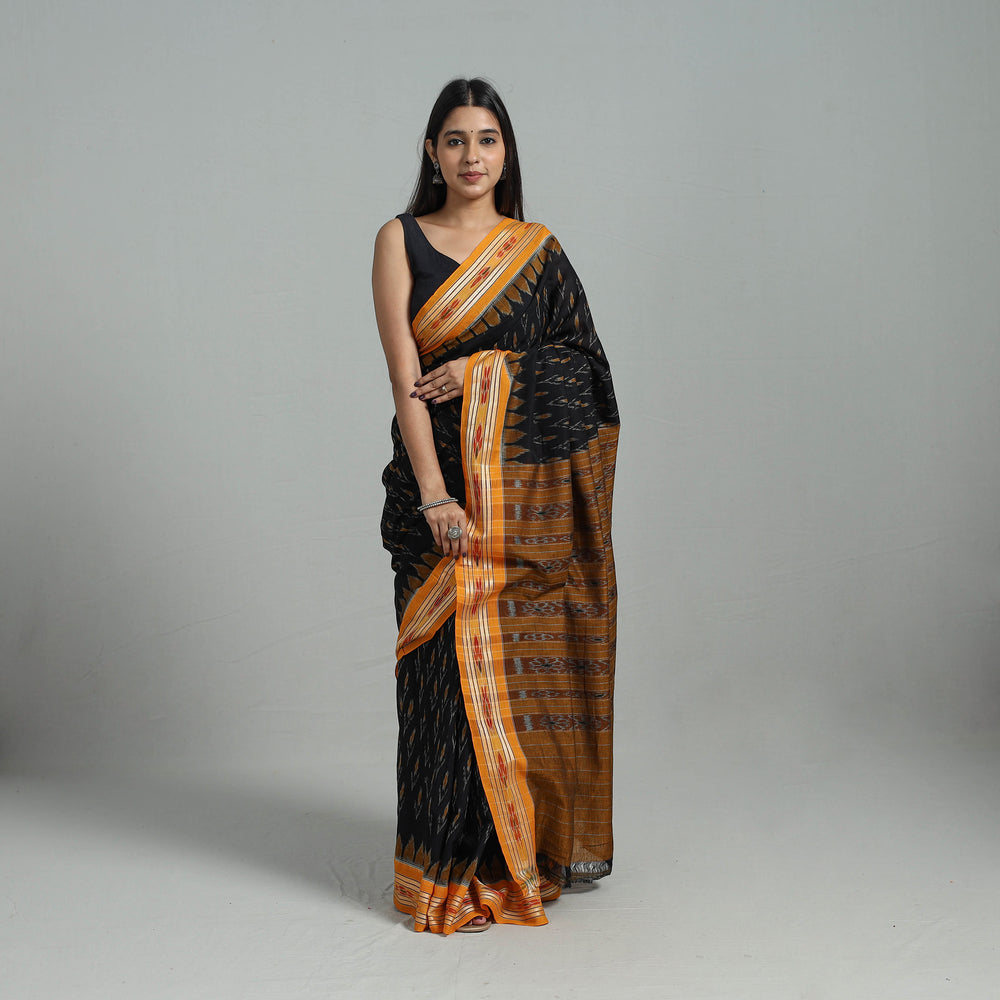 Black - Ikat Weave Handloom Cotton Sambalpuri Saree 06