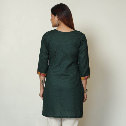 Green - Srikalahasti Kalamkari Patchwork Pintuck Plain Cotton Short Kurta 07