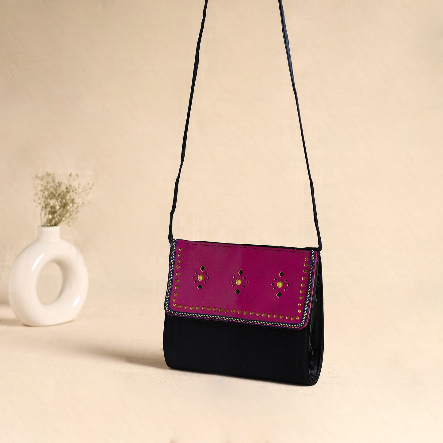 Traditional Kutch Mashru Silk Leather Flap Sling Bag 14