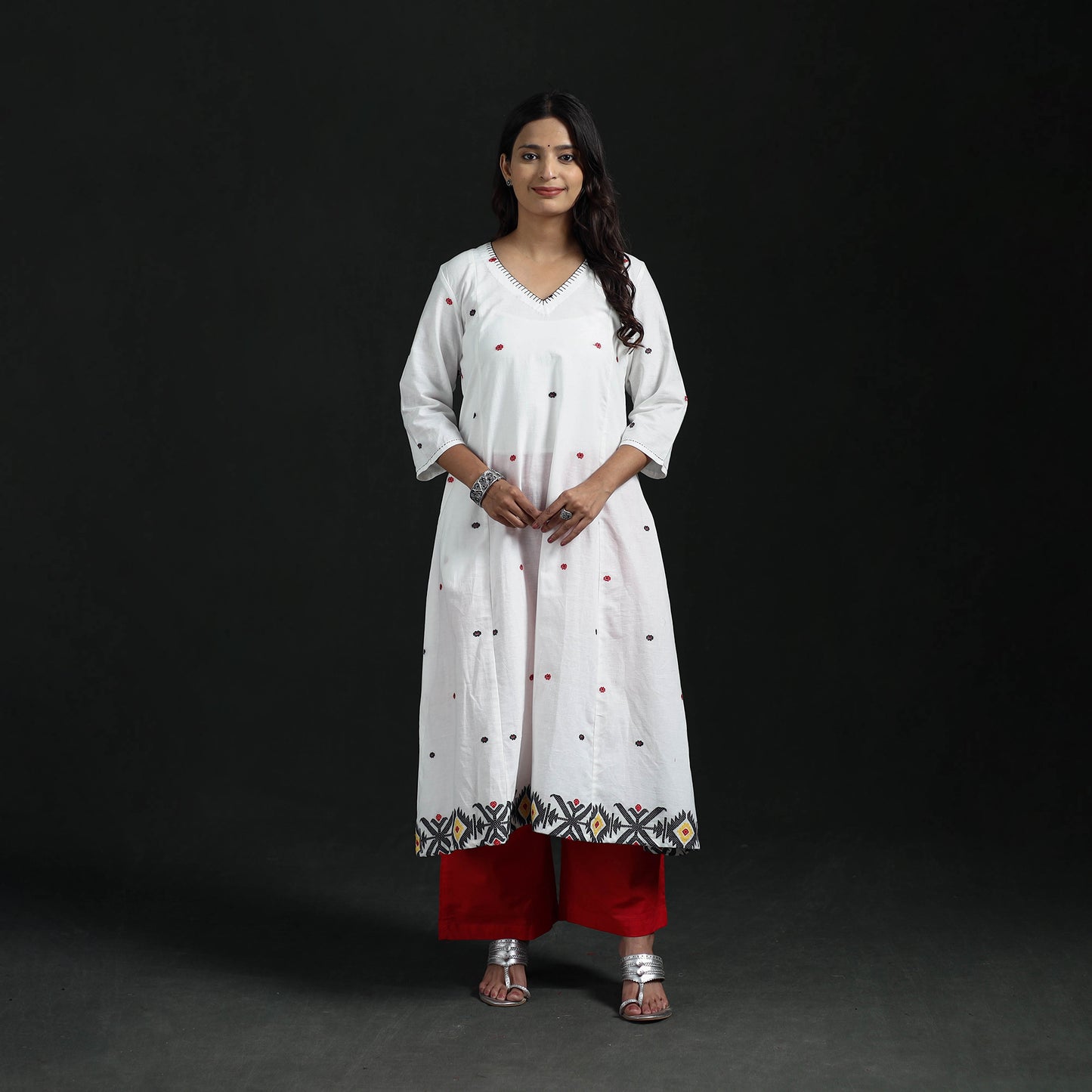 Hand Embroidered Jacquard Cotton A-Line Long Kurta for Women 01