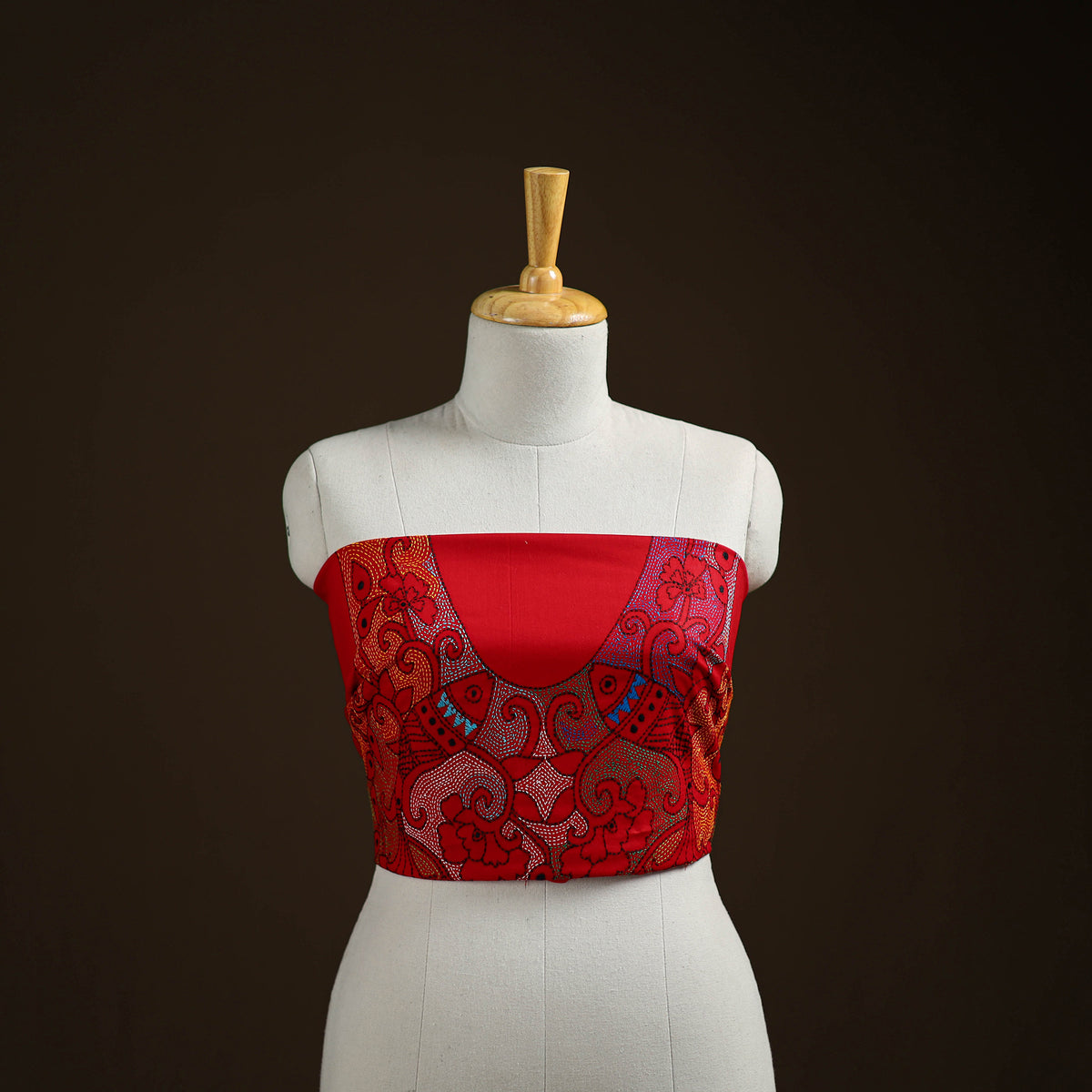 Red - Bengal Kantha Hand Embroidered Cotton Blouse Piece 101