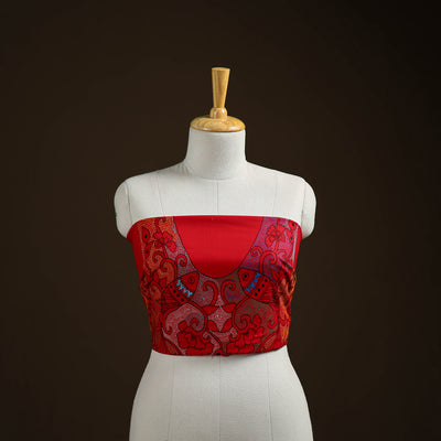 Red - Bengal Kantha Hand Embroidered Cotton Blouse Piece 101