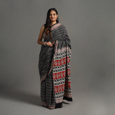 Black - Natural Dyed Block Print Cotton Bagru Saree 17