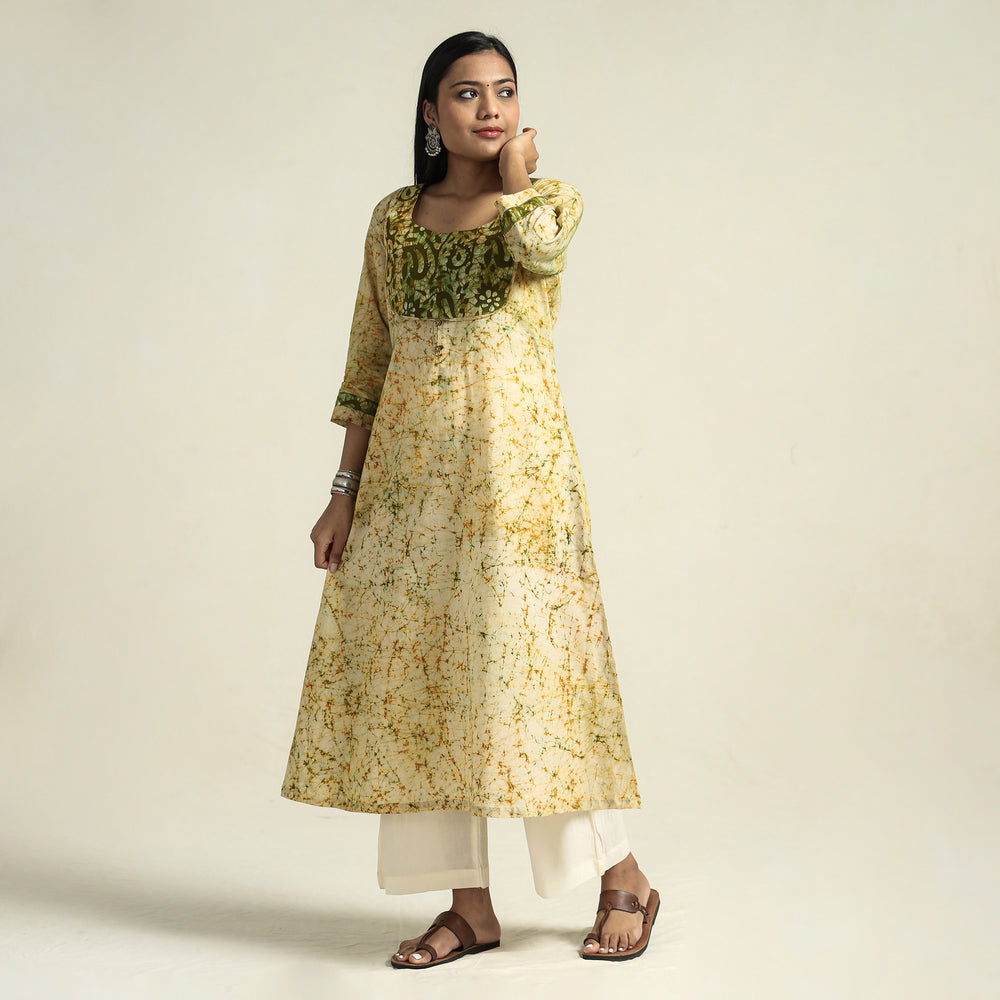 Yellow - Kutch Batik Printed Cotton A-Line Kurta