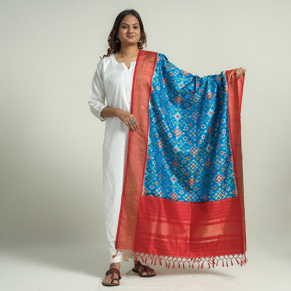 Blue - Handspun Handwoven Pochampally Ikat Silk Dupatta with Zari Border