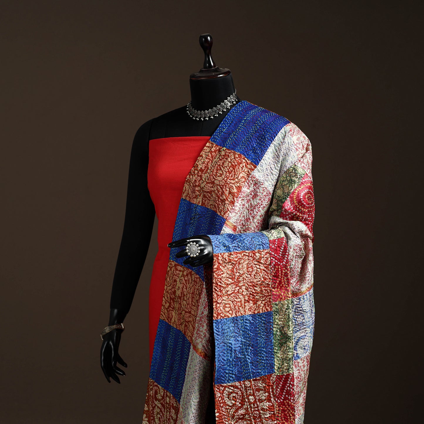 Multicolor - Bengal Hand Embroidery Patchwork Reversible Silk Kantha Dupatta 10