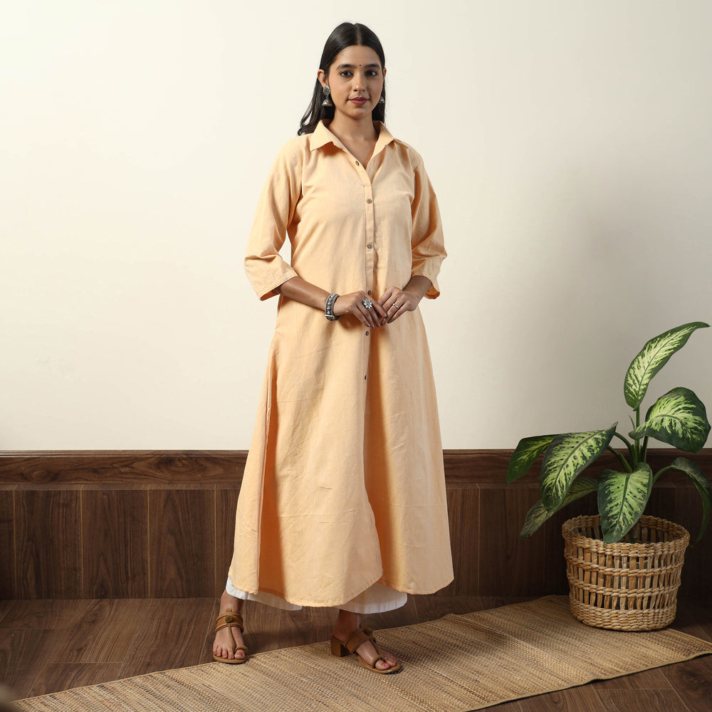 Beige - Jhiri Handloom Cotton A-Line Long Kurta