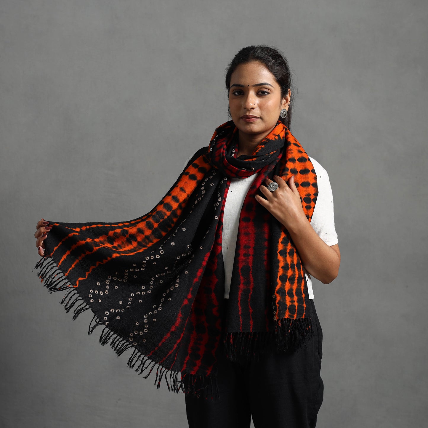 Orange - Kutch Handwoven Bandhani & Shibori Woolen Stole 40