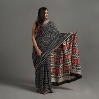 Black - Natural Dyed Block Print Cotton Bagru Saree 17