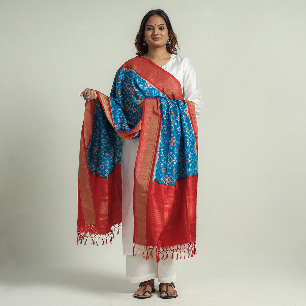 Blue - Handspun Handwoven Pochampally Ikat Silk Dupatta with Zari Border