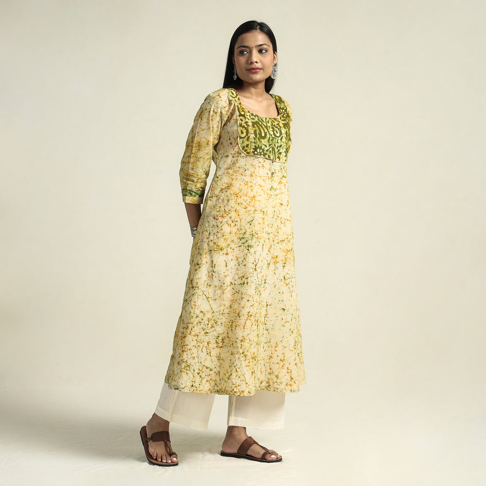 Yellow - Kutch Batik Printed Cotton A-Line Kurta