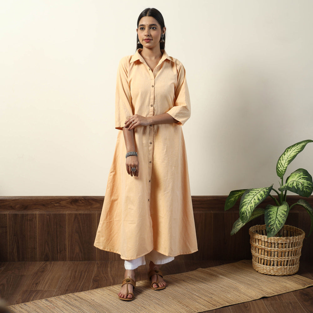 Beige - Jhiri Handloom Cotton A-Line Long Kurta