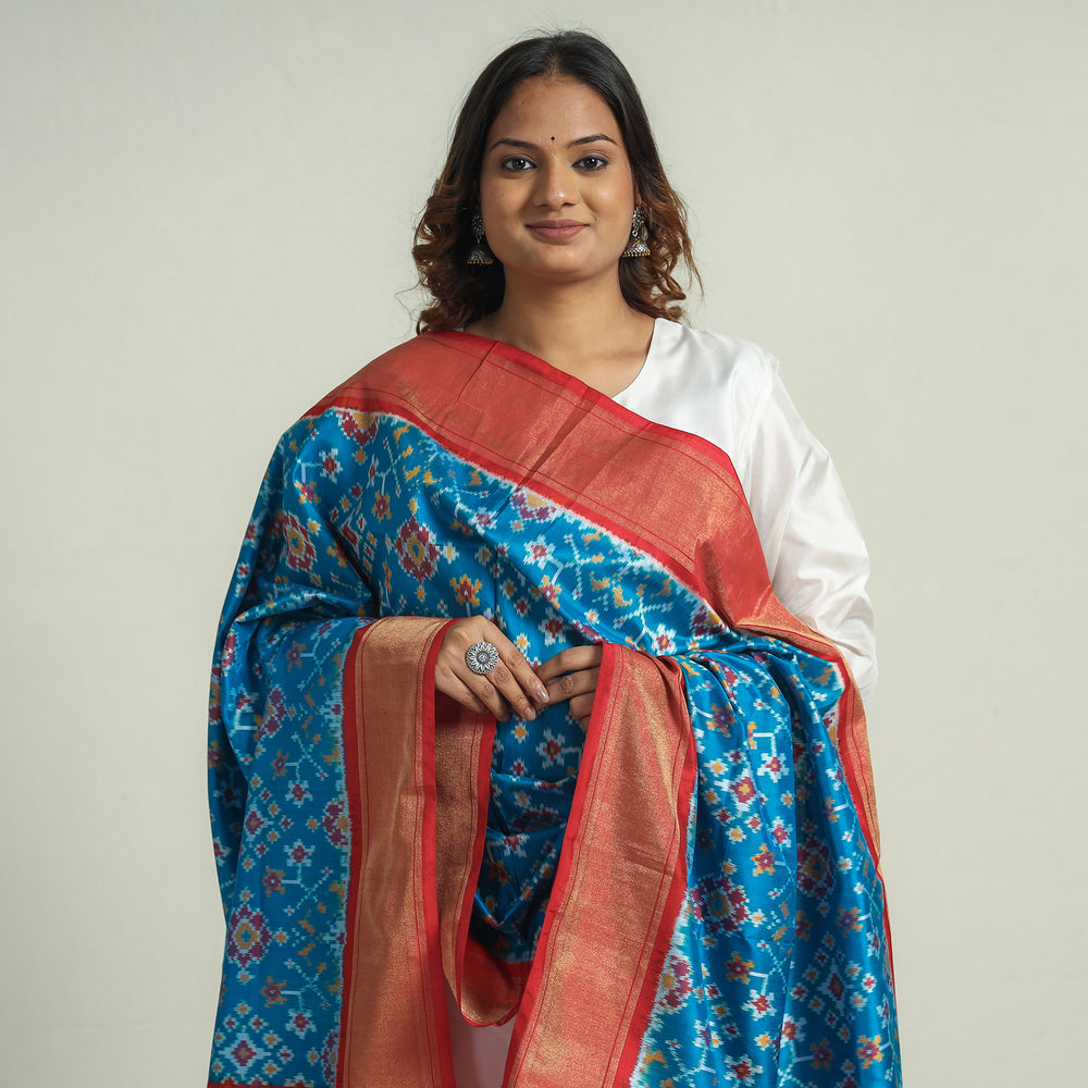 Blue - Handspun Handwoven Pochampally Ikat Silk Dupatta with Zari Border