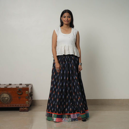 Black - 24 Kali Cotton Pochampally Ikat Skirt with Border 36