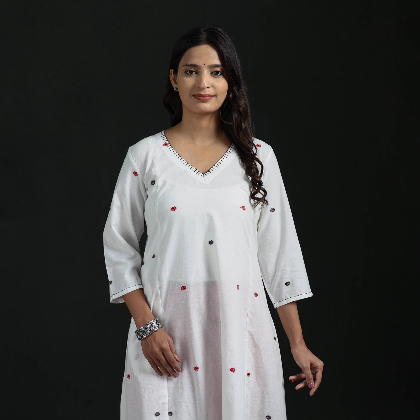 Hand Embroidered Jacquard Cotton A-Line Long Kurta for Women 01
