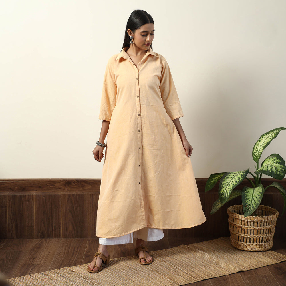 Beige - Jhiri Handloom Cotton A-Line Long Kurta