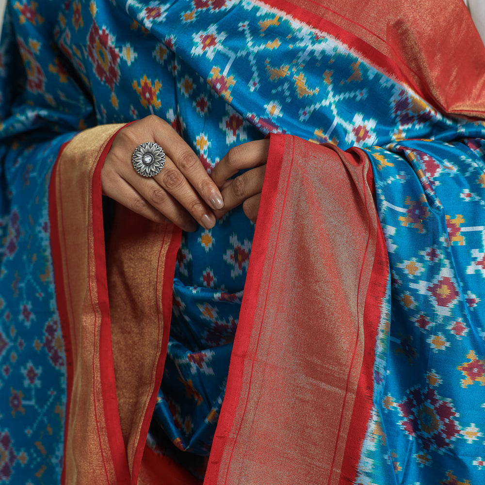 Blue - Handspun Handwoven Pochampally Ikat Silk Dupatta with Zari Border