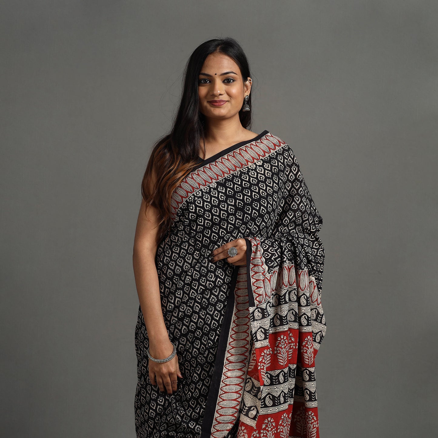 Black - Natural Dyed Block Print Cotton Bagru Saree 17