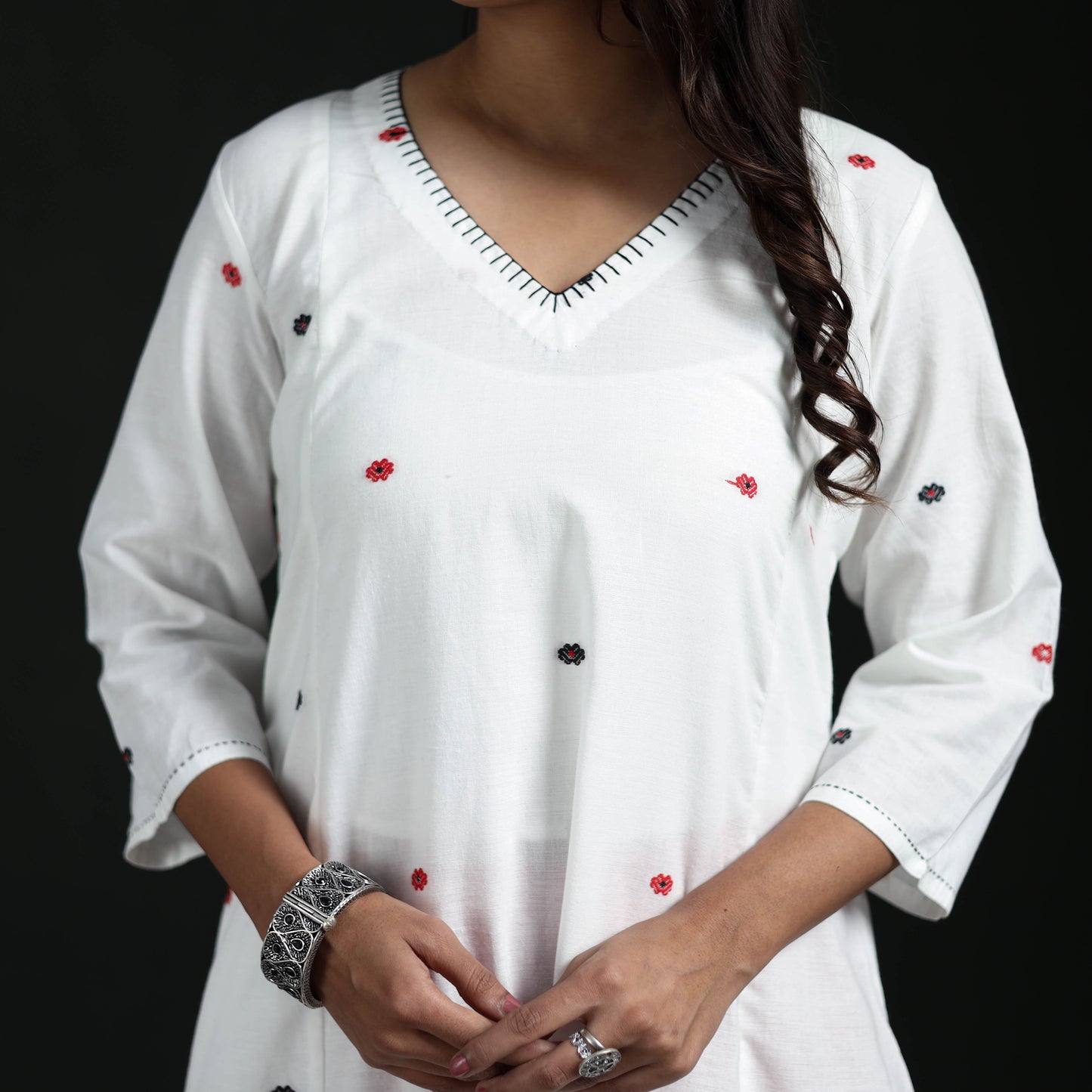 Hand Embroidered Jacquard Cotton A-Line Long Kurta for Women 01