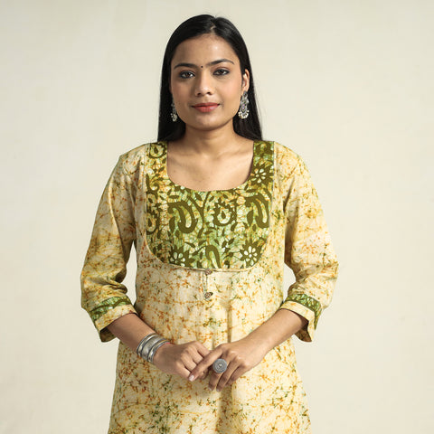 Yellow - Kutch Batik Printed Cotton A-Line Kurta