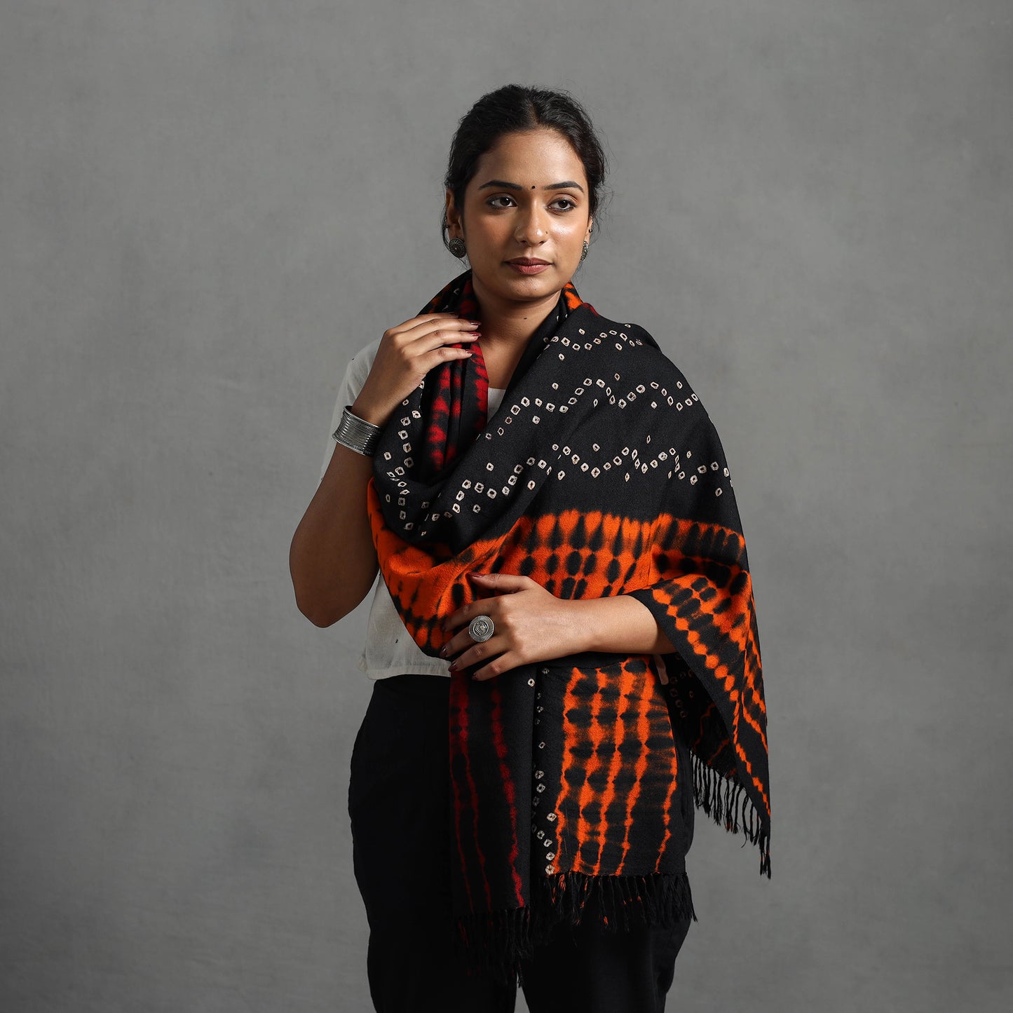 Orange - Kutch Handwoven Bandhani & Shibori Woolen Stole 40