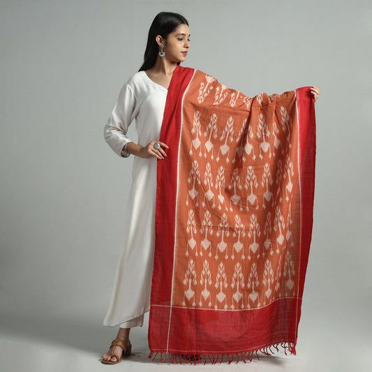 Orange - Pochampally Double Ikat Cotton Handloom Dupatta with Tassels 55