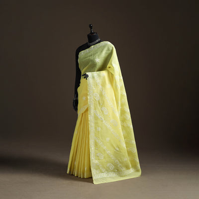 Yellow - Hand Embroidered Terivoile Cotton Lucknowi Chikankari Saree 04