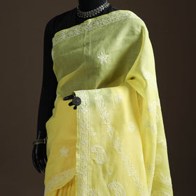Yellow - Hand Embroidered Terivoile Cotton Lucknowi Chikankari Saree 04